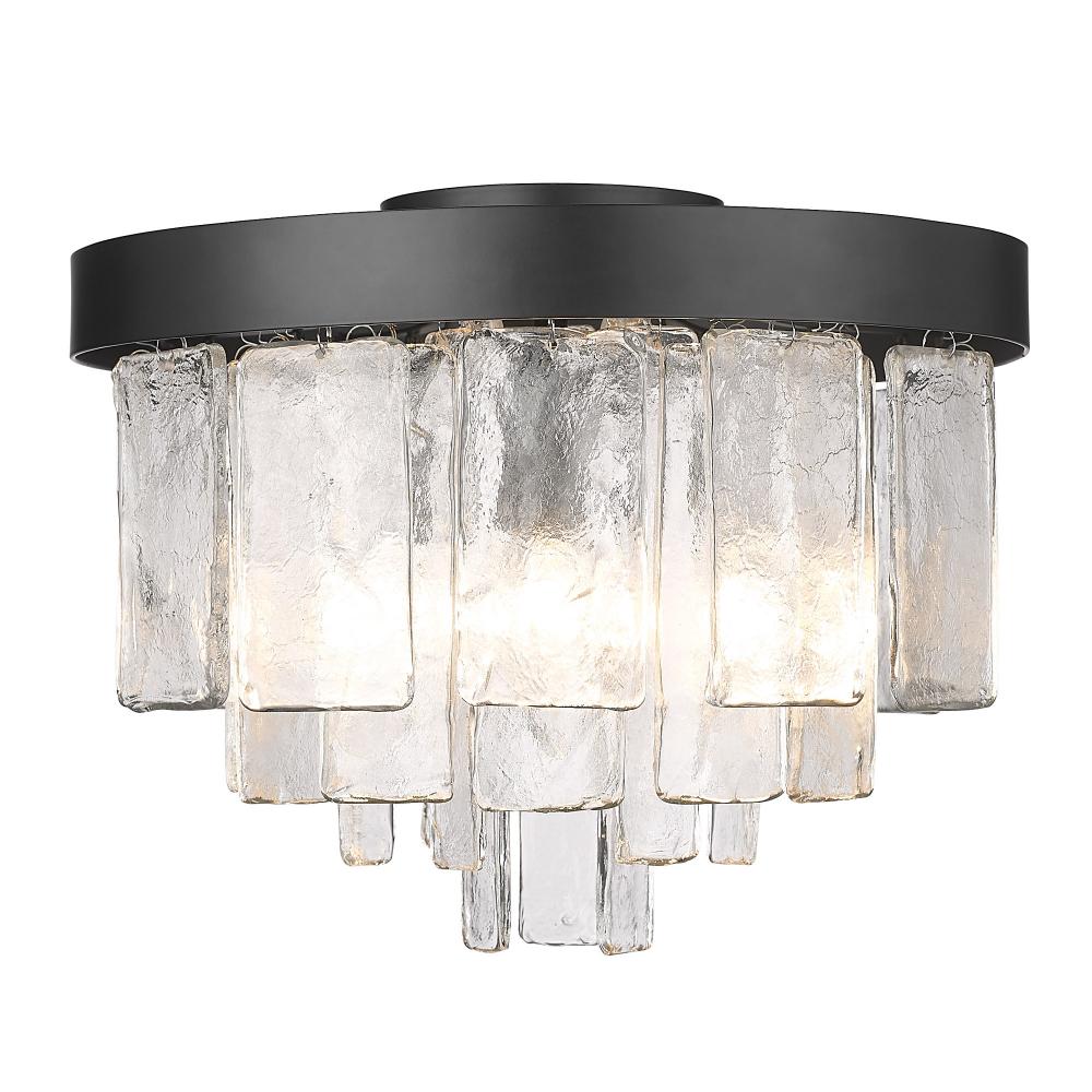 Ciara BLK 3 Light Flush Mount in Matte Black with Hammered Water Glass Shade