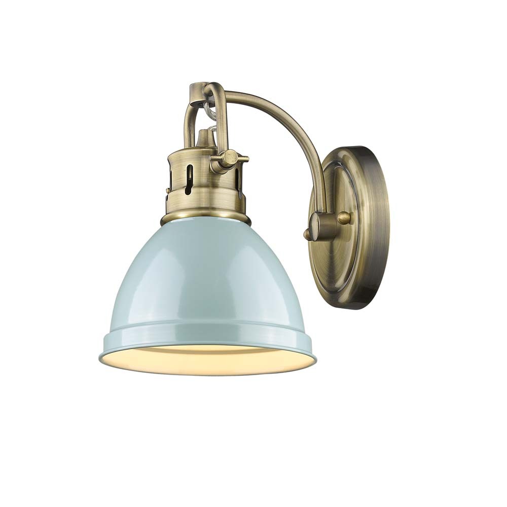 Duncan 1 Light Bath Vanity in Aged Brass with a Seafoam Shade