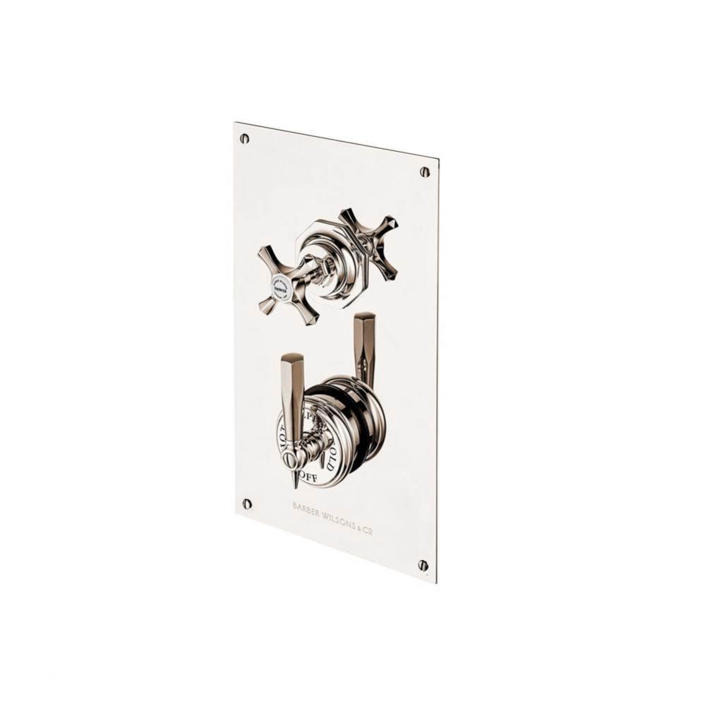 Concealed Mastercraft Thermostatic Valve W/Volume Control  On Rectangular Plate With White Porcela