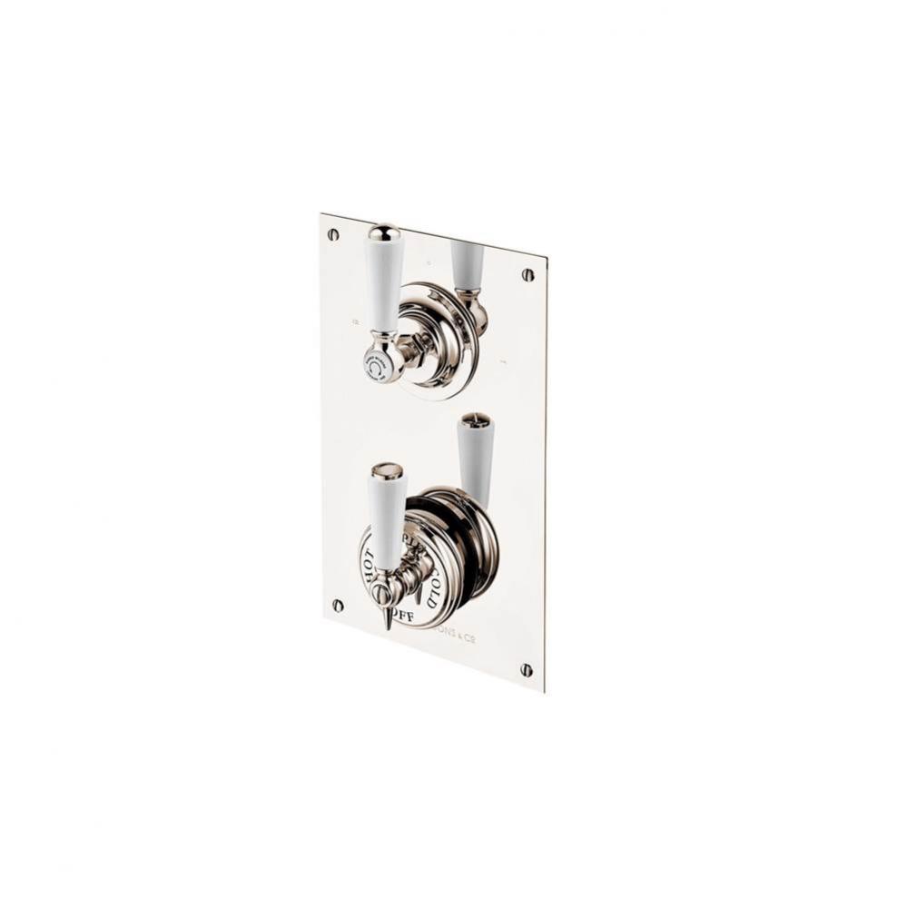 Concealed Thermostatic Valve With 2 Way Diverter On Plate With White Porcelain Levers And Buttons