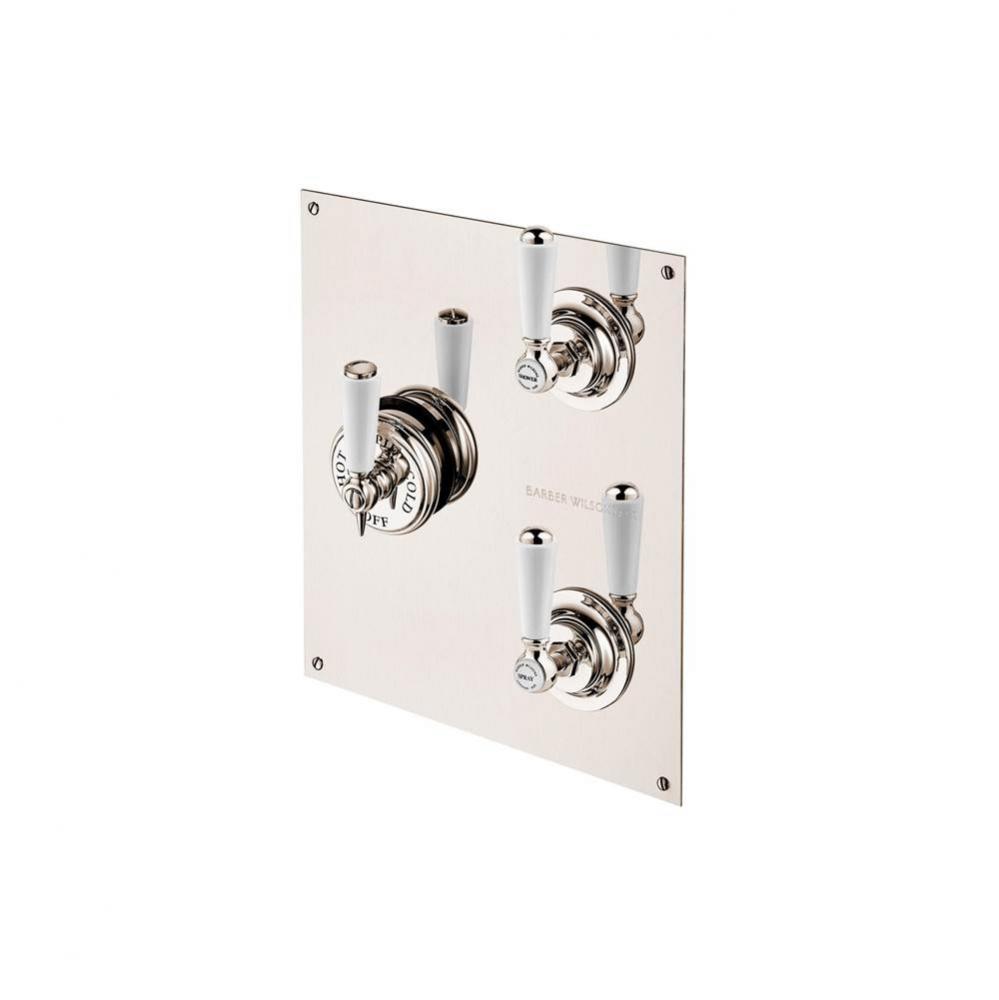 Concealed Thermostatic Valve With 2 Volume Controls On Rectangular Plate With White Porcelain Leve