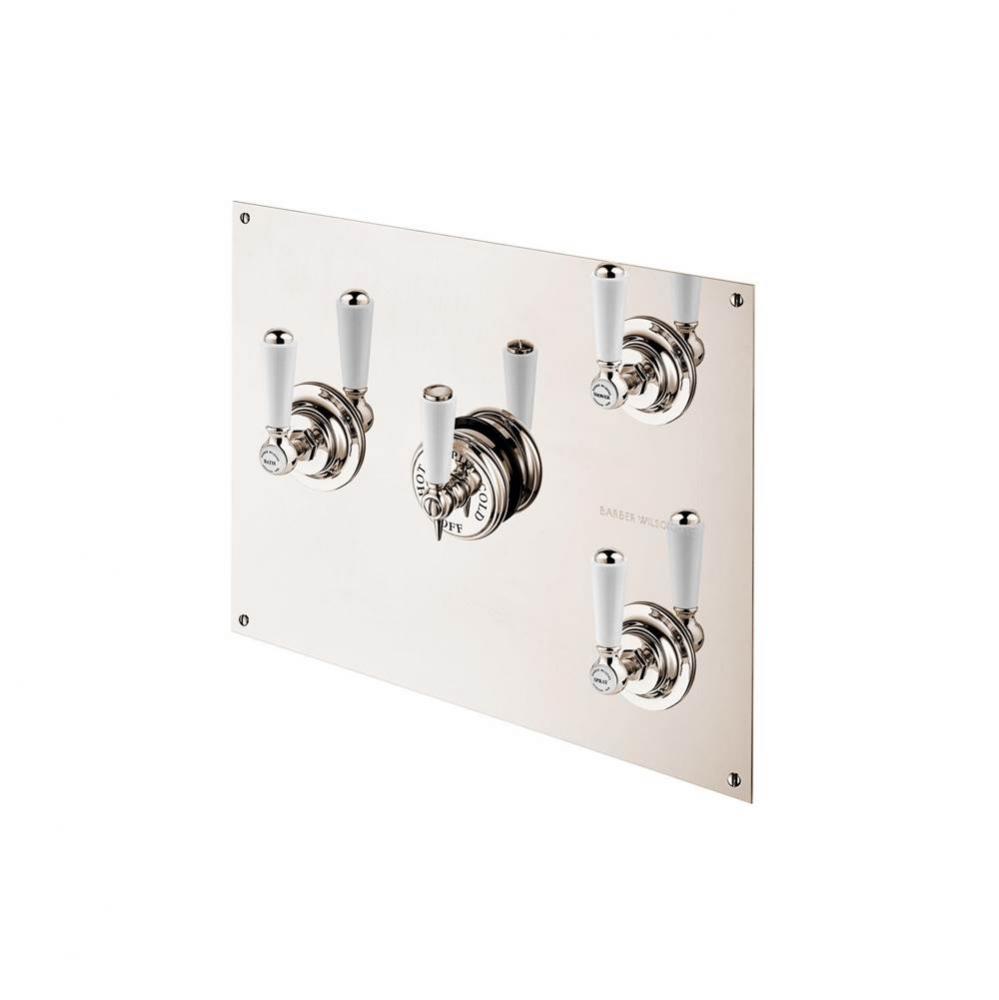 Concealed Thermostatic Valve With 3 Volume Controls On Rectangular Plate With White Porcelain Leve