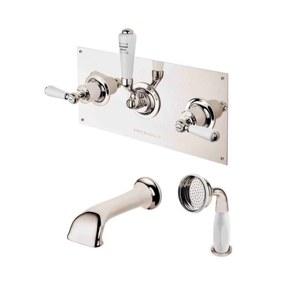 Wall Mount Tub Set W/Diverter On Plate With Deck Hand Spray White Porcelain Levers And Buttons