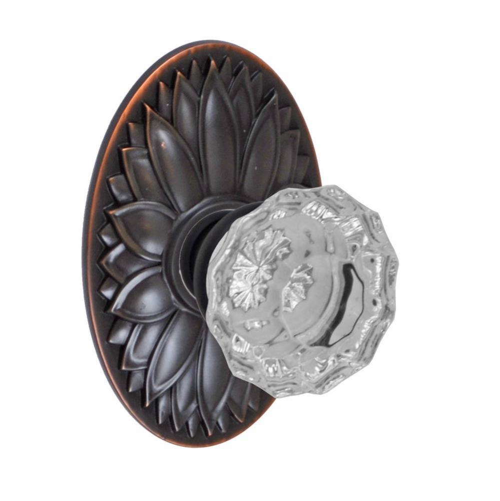 Scalloped Clear Knob with Oval Floral Rose Passage Set in Oil Rubbed