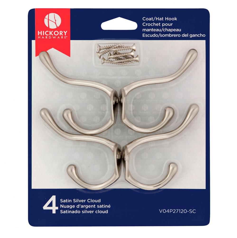 Multipack Collection Coat Hook Double Satin Silver Cloud Finish (4 Pack)