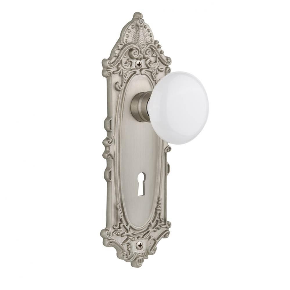 Nostalgic Warehouse Victorian Plate with Keyhole Passage White Porcelain Door Knob in Satin Nickel