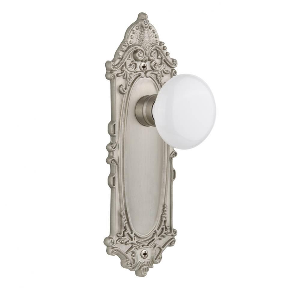 Nostalgic Warehouse Victorian Plate Privacy White Porcelain Door Knob in Satin Nickel