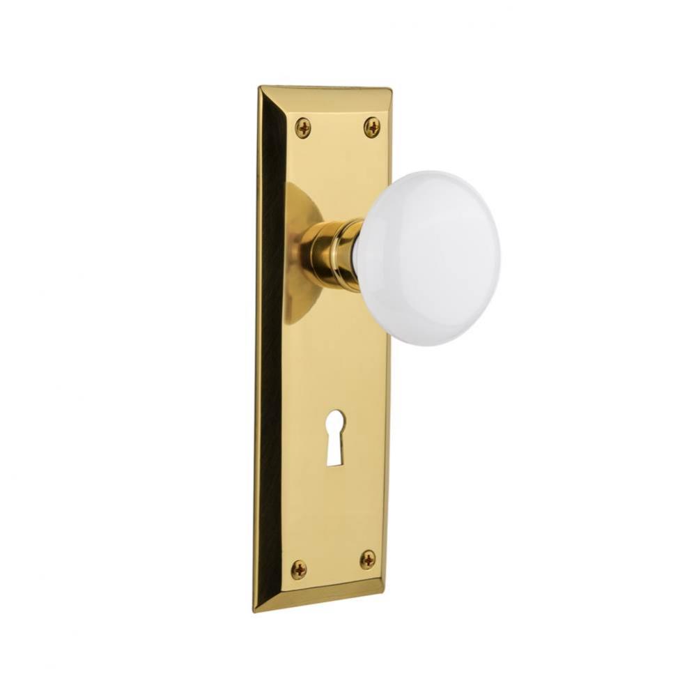 Nostalgic Warehouse New York Plate Interior Mortise White Porcelain Door Knob in Polished Brass