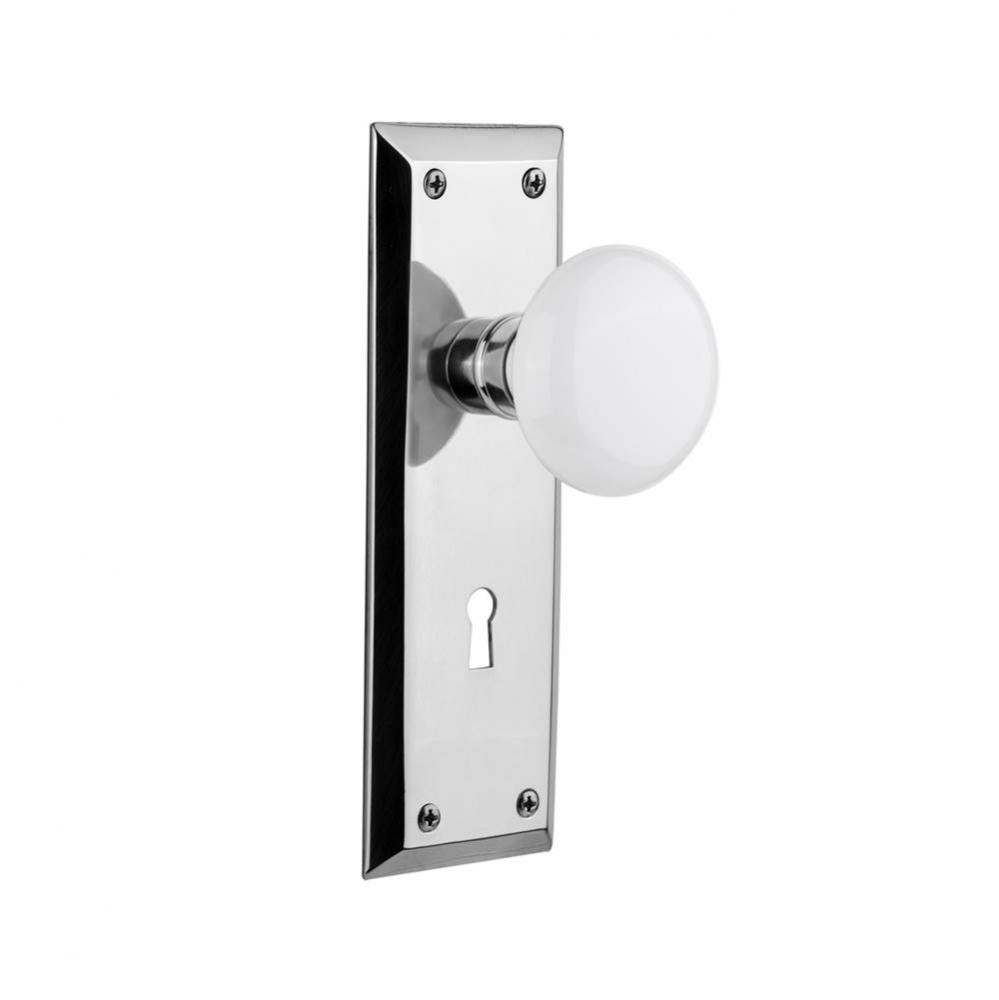 Nostalgic Warehouse New York Plate with Keyhole Passage White Porcelain Door Knob in Bright Chrome