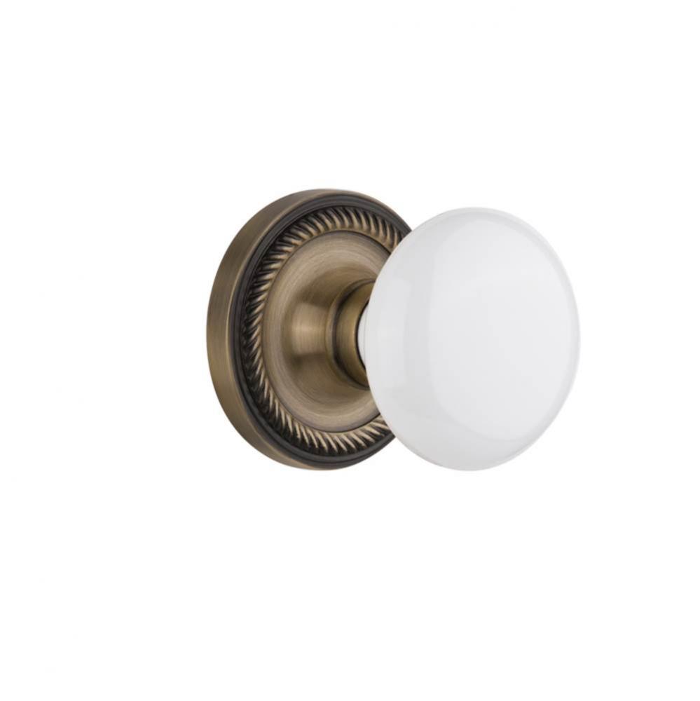 Nostalgic Warehouse Rope Rosette Single Dummy White Porcelain Door Knob in Antique Brass