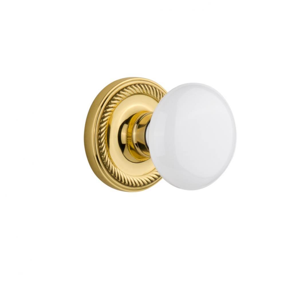 Nostalgic Warehouse Rope Rosette Privacy White Porcelain Door Knob in Polished Brass