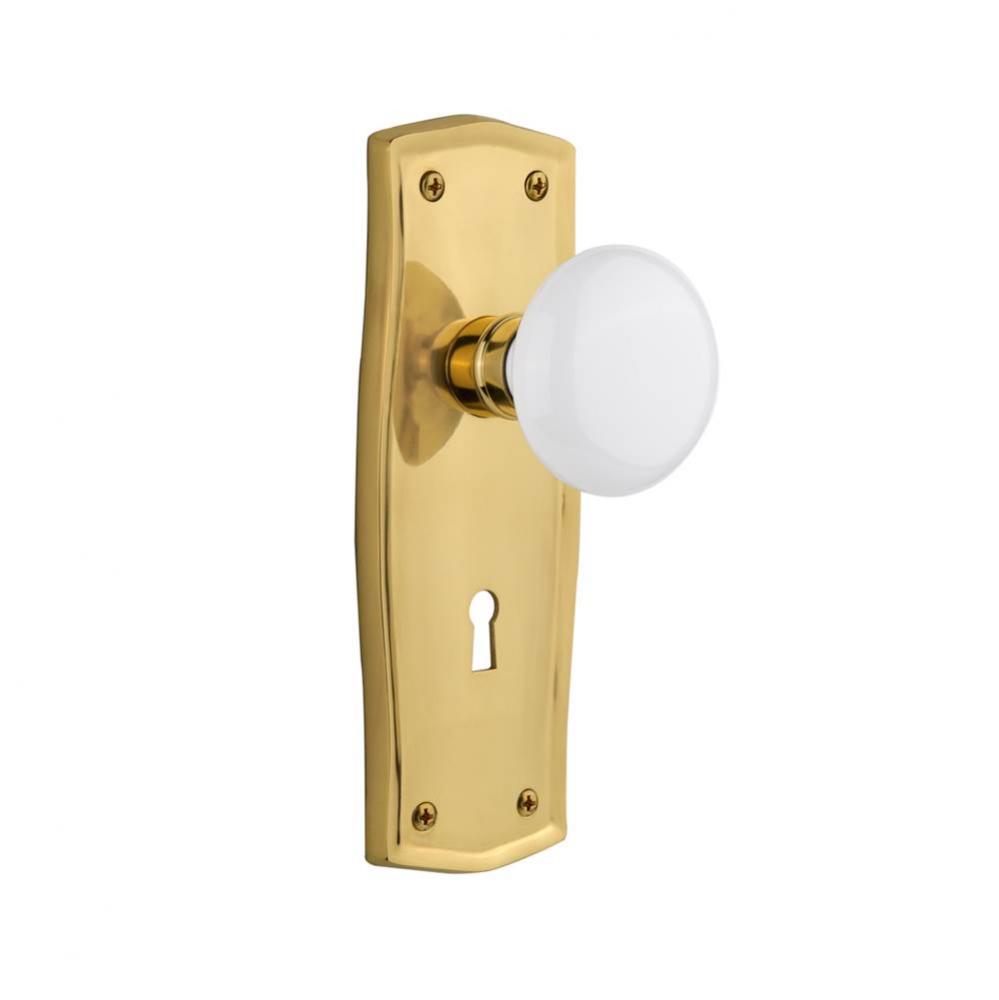 Nostalgic Warehouse Prairie Plate with Keyhole Privacy White Porcelain Door Knob in Polished Brass