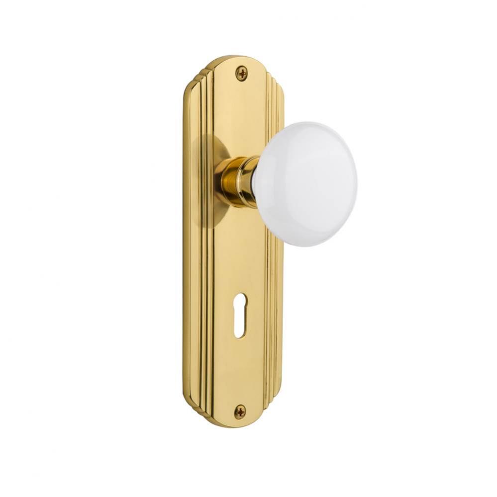 Nostalgic Warehouse Deco Plate with Keyhole Privacy White Porcelain Door Knob in Polished Brass