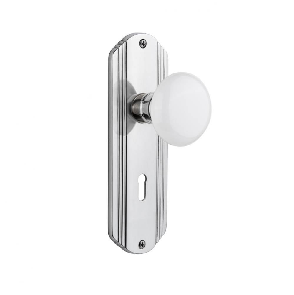 Nostalgic Warehouse Deco Plate with Keyhole Privacy White Porcelain Door Knob in Bright Chrome