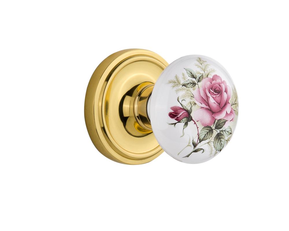 Nostalgic Warehouse Classic Rosette Passage White Rose Porcelain Door Knob in Unlacquered Brass