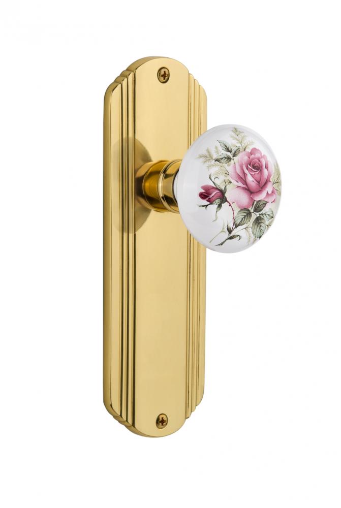 Nostalgic Warehouse Deco Plate Double Dummy White Rose Porcelain Door Knob in Unlacquered Brass