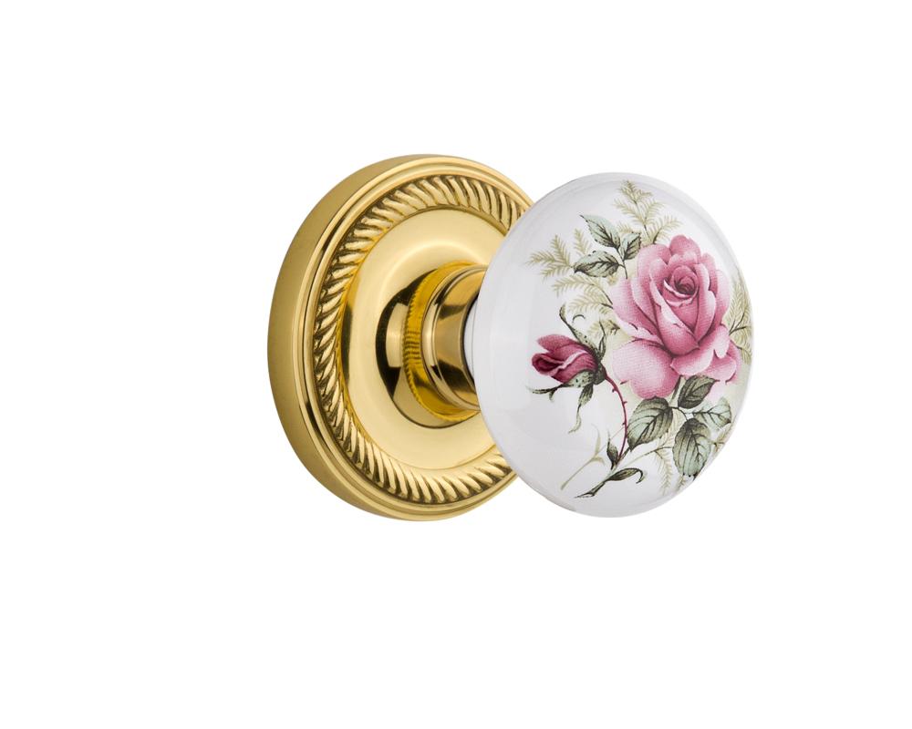 Nostalgic Warehouse Rope Rosette Privacy White Rose Porcelain Door Knob in Unlacquered Brass