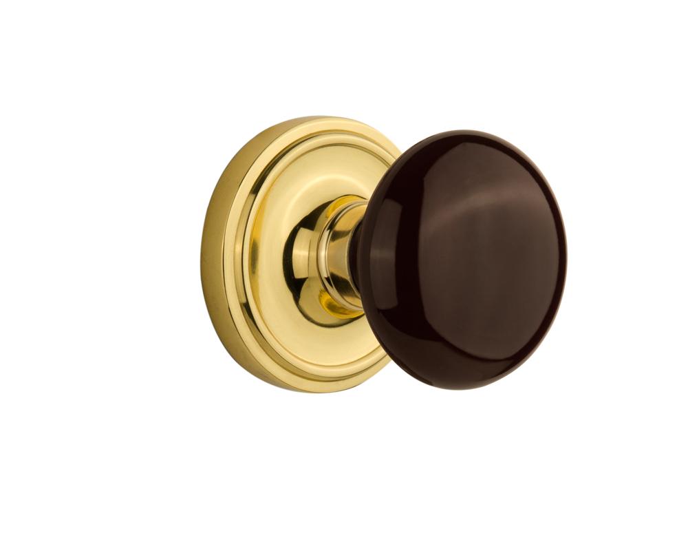 Nostalgic Warehouse Classic Rosette Double Dummy Brown Porcelain Door Knob in Unlacquered Brass