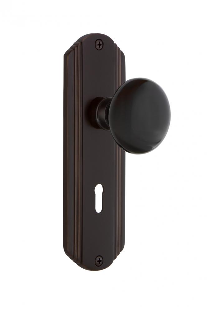 Nostalgic Warehouse Deco Plate with Keyhole Privacy Black Porcelain Door Knob in Timeless Bronze