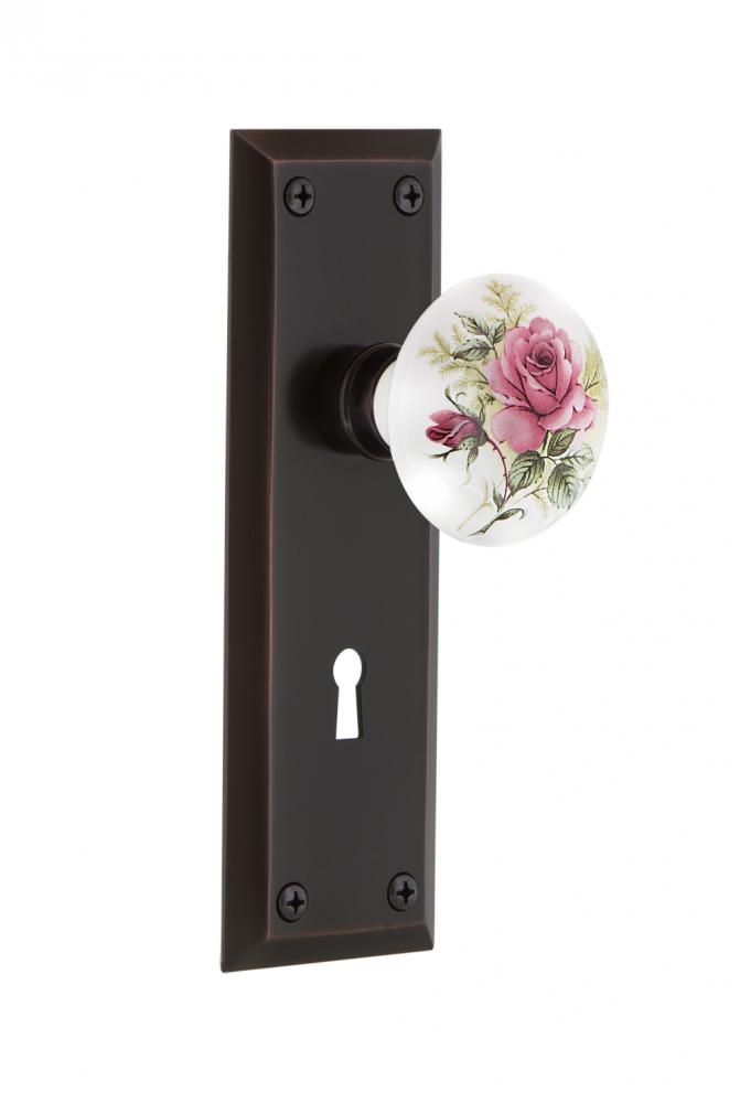 Nostalgic Warehouse New York Plate with Keyhole Privacy White Rose Porcelain Door Knob in Timeless