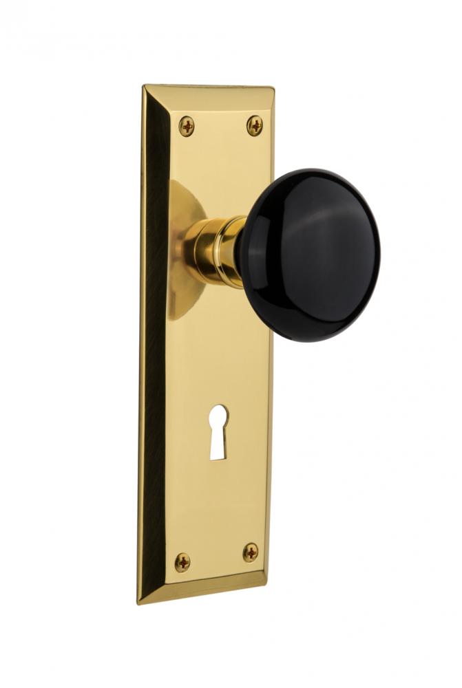 Nostalgic Warehouse New York Plate Interior Mortise Black Porcelain Door Knob in Unlacquered Brass