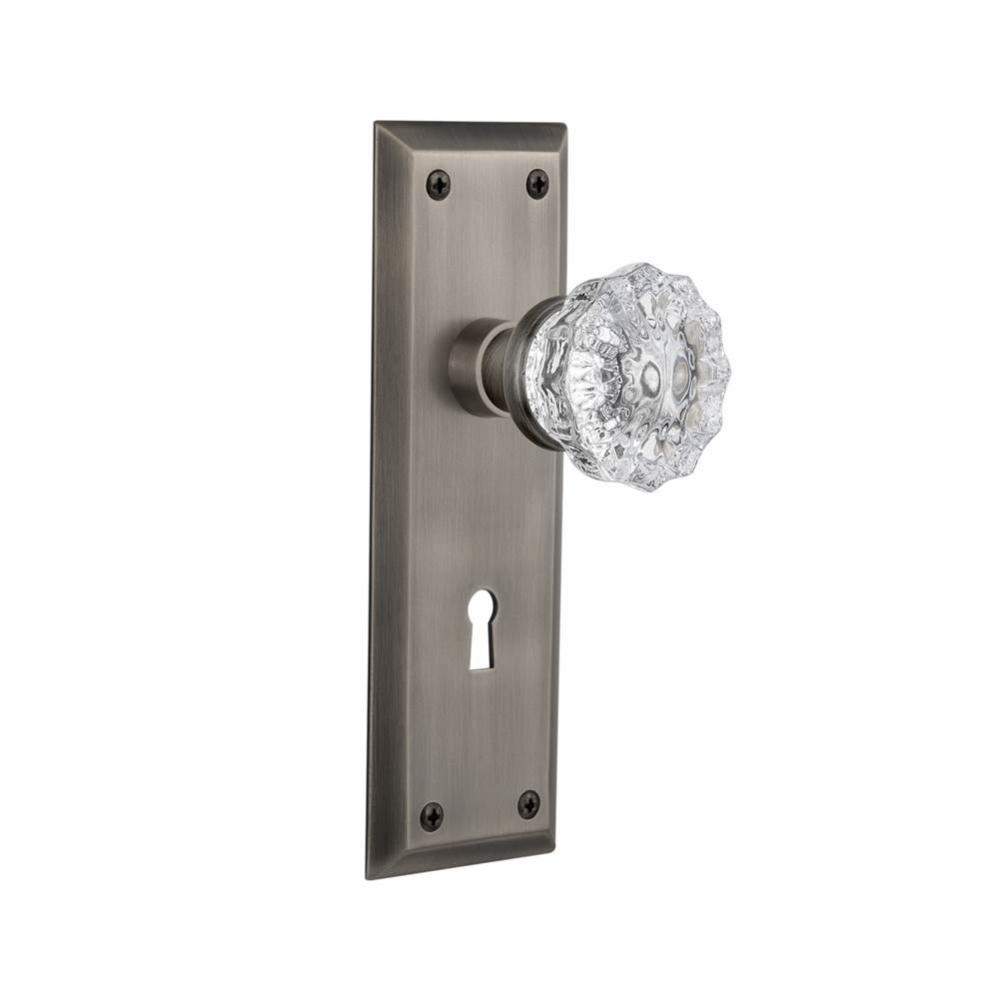 Nostalgic Warehouse New York Plate with Keyhole Privacy Crystal Glass Door Knob in Antique Pewter