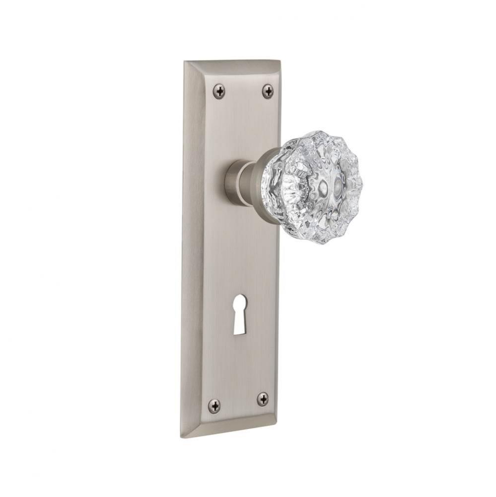 Nostalgic Warehouse New York Plate with Keyhole Privacy Crystal Glass Door Knob in Satin Nickel