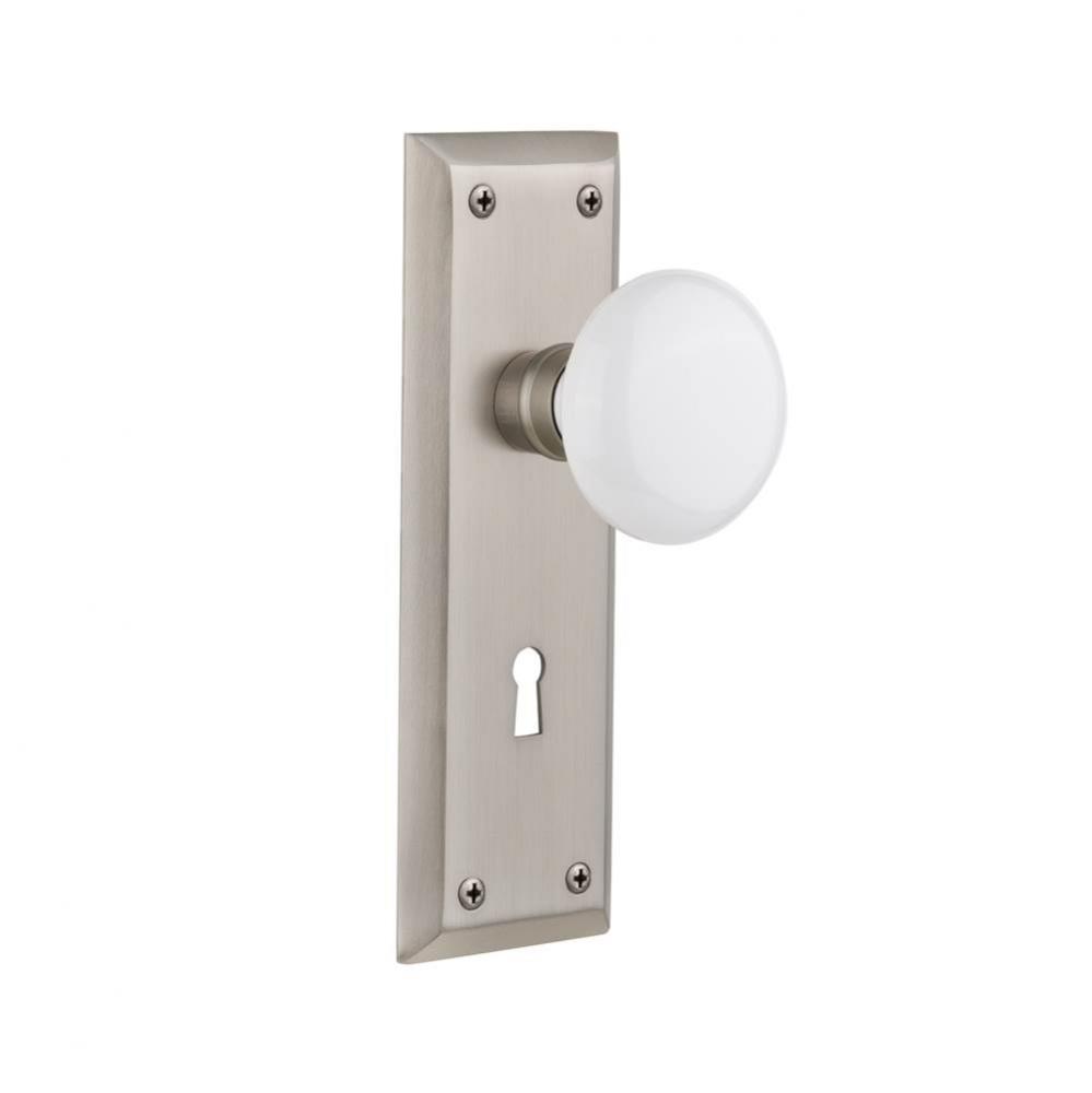 Nostalgic Warehouse New York Plate with Keyhole Passage White Porcelain Door Knob in Satin Nickel