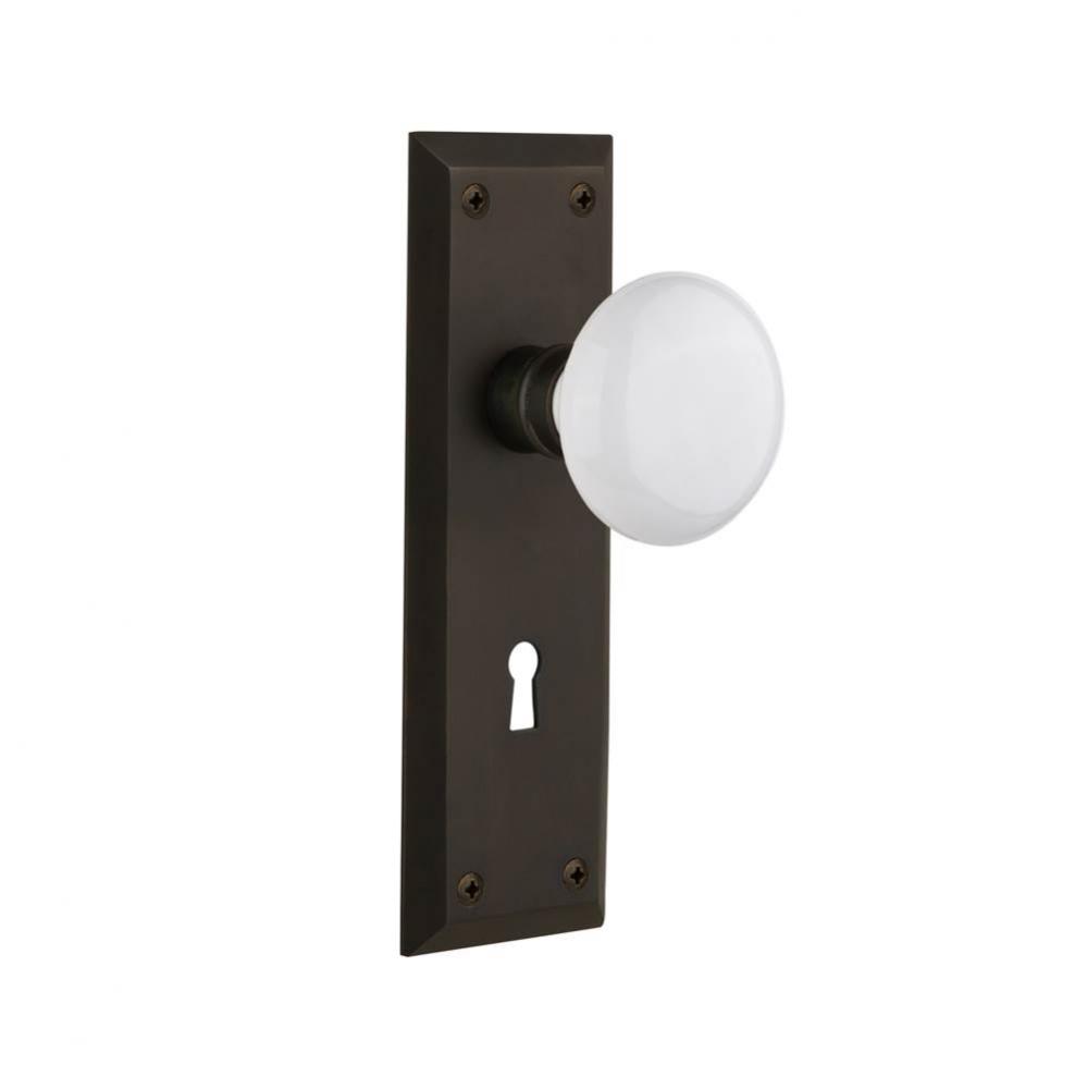 Nostalgic Warehouse New York Plate with Keyhole Passage White Porcelain Door Knob in Oil-Rubbed Br