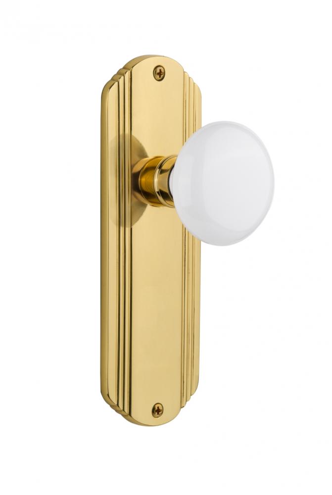 Nostalgic Warehouse Deco Plate Privacy White Porcelain Door Knob in Unlacquered Brass