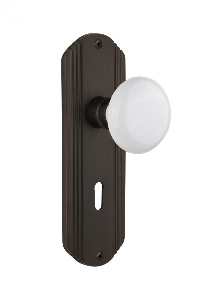 Nostalgic Warehouse Deco Plate with Keyhole Privacy White Porcelain Door Knob in Oil-Rubbed Bronze