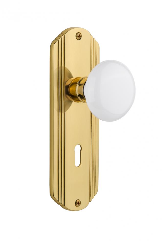 Nostalgic Warehouse Deco Plate with Keyhole Privacy White Porcelain Door Knob in Unlacquered Brass