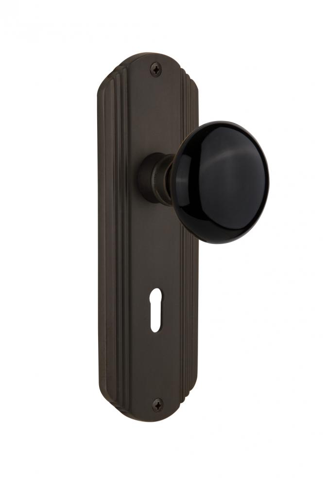 Nostalgic Warehouse Deco Plate with Keyhole Privacy Black Porcelain Door Knob in Oil-Rubbed Bronze
