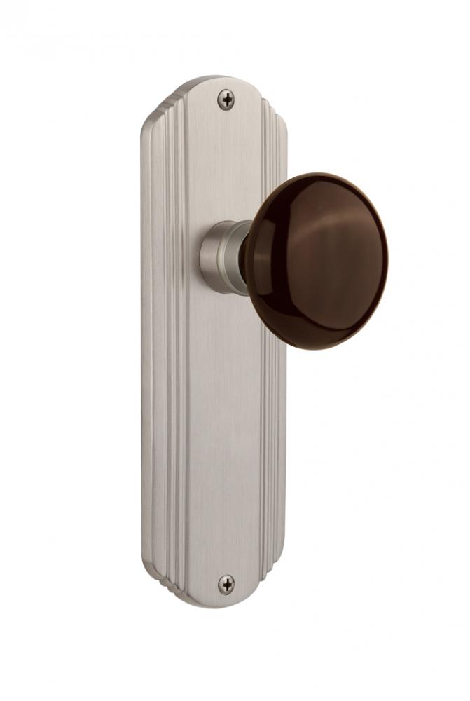 Nostalgic Warehouse Deco Plate Privacy Brown Porcelain Door Knob in Satin Nickel