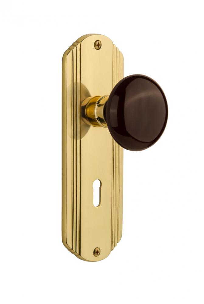 Nostalgic Warehouse Deco Plate with Keyhole Privacy Brown Porcelain Door Knob in Unlacquered Brass