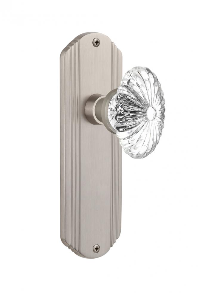 Nostalgic Warehouse Deco Plate Privacy Oval Fluted Crystal Glass Door Knob in Satin Nickel