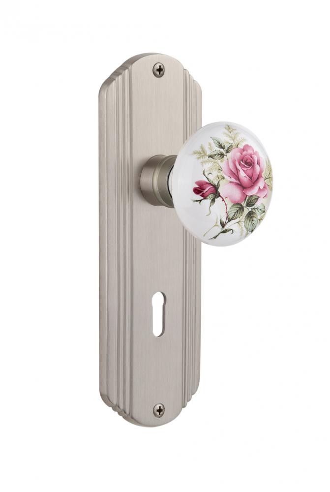 Nostalgic Warehouse Deco Plate with Keyhole Passage White Rose Porcelain Door Knob in Satin Nickel