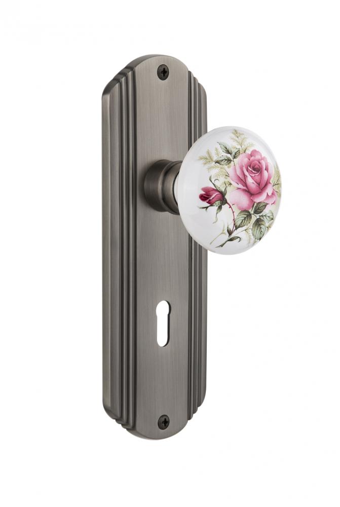 Nostalgic Warehouse Deco Plate with Keyhole Privacy White Rose Porcelain Door Knob in Antique Pewt