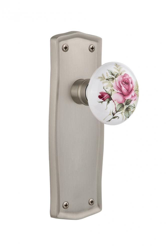 Nostalgic Warehouse Prairie Plate Privacy White Rose Porcelain Door Knob in Satin Nickel