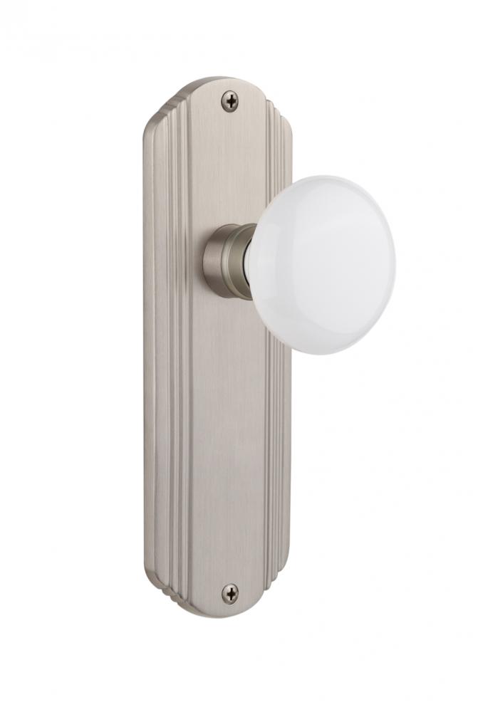 Nostalgic Warehouse Deco Plate Single Dummy White Porcelain Door Knob in Satin Nickel