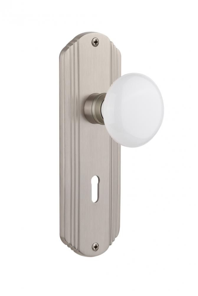 Nostalgic Warehouse Deco Plate Interior Mortise White Porcelain Door Knob in Satin Nickel