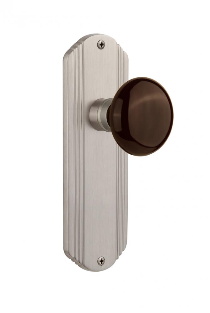 Nostalgic Warehouse Deco Plate Single Dummy Brown Porcelain Door Knob in Satin Nickel