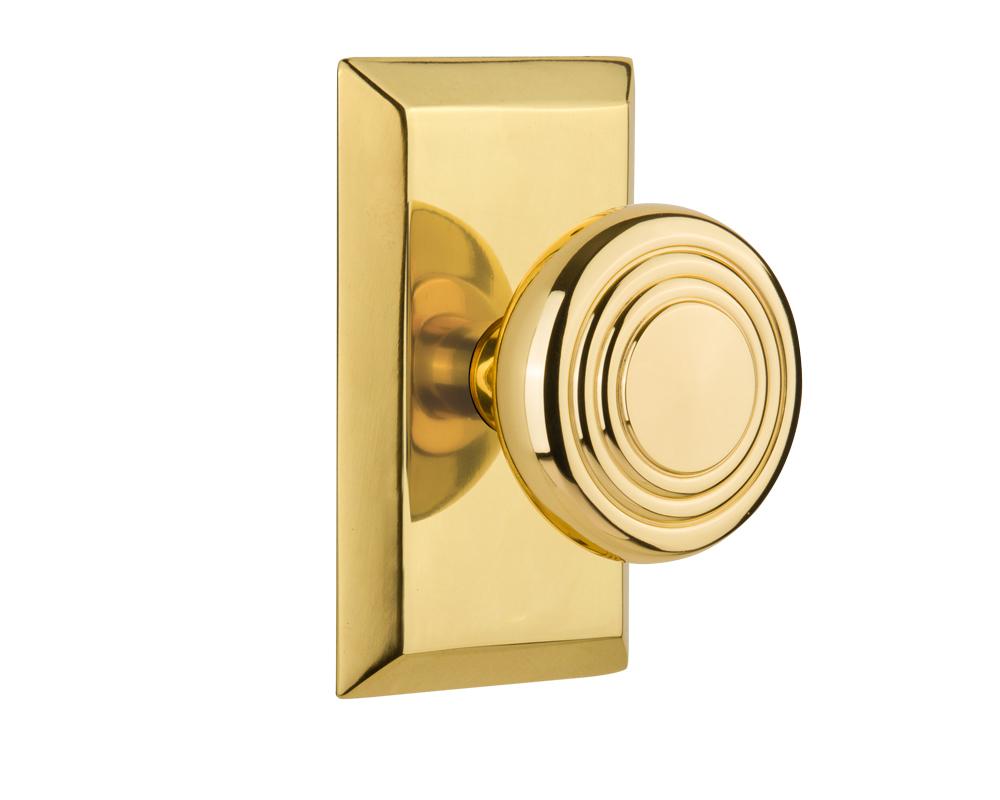 Nostalgic Warehouse Studio Plate Passage Deco Door Knob in Polished Brass