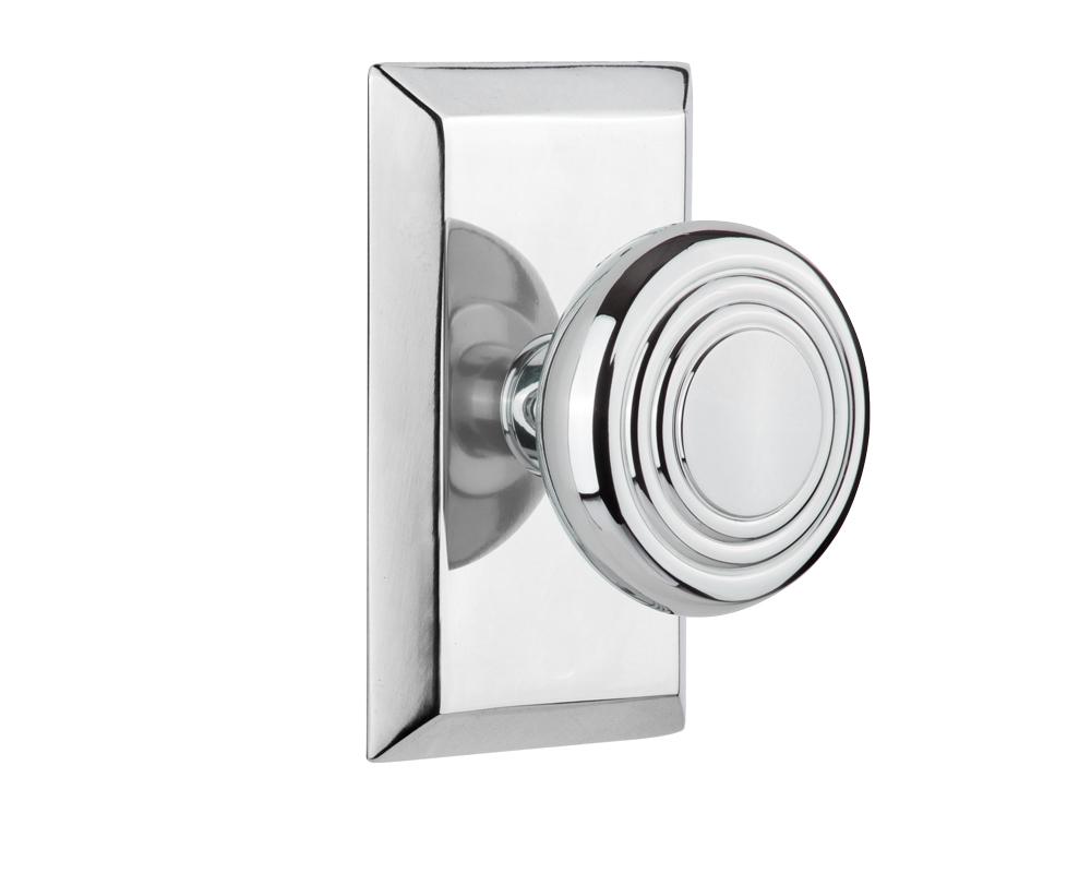 Nostalgic Warehouse Studio Plate Privacy Deco Door Knob in Bright Chrome