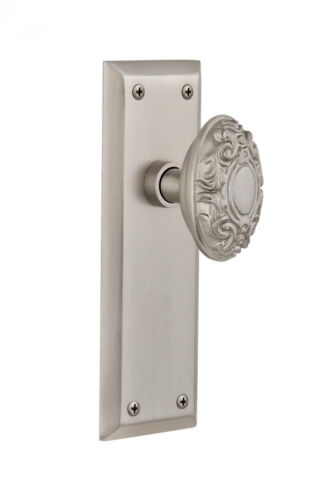 Nostalgic Warehouse New York Plate Privacy Victorian Door Knob in Satin Nickel