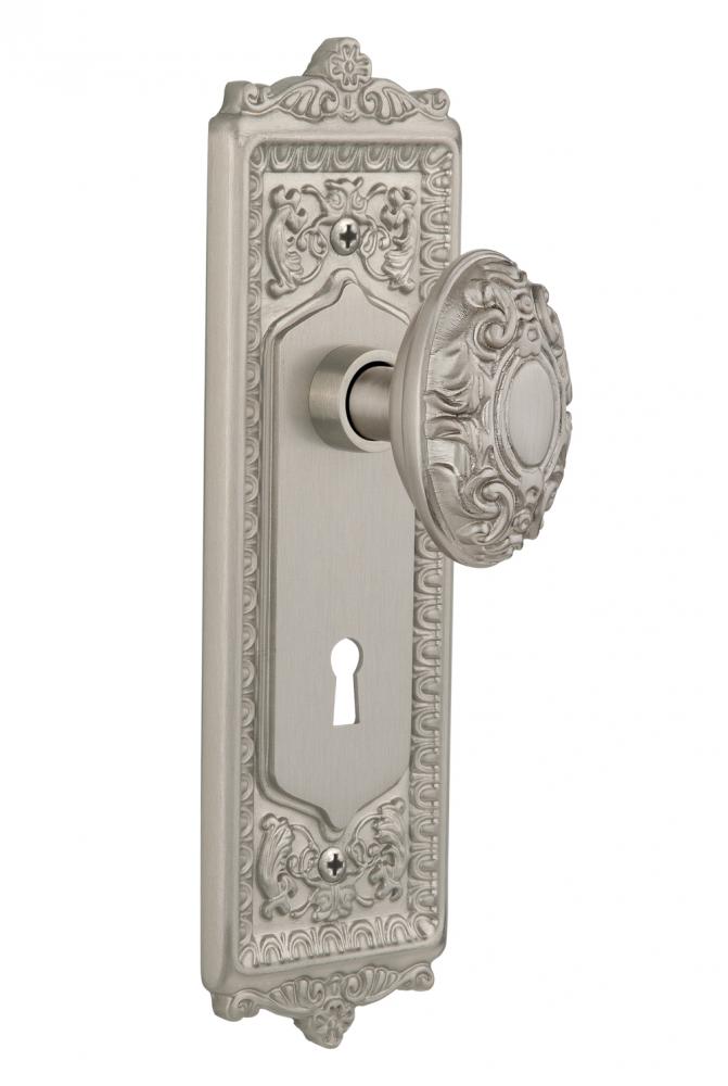 Nostalgic Warehouse Egg & Dart Plate with Keyhole Privacy Victorian Door Knob in Satin Nickel