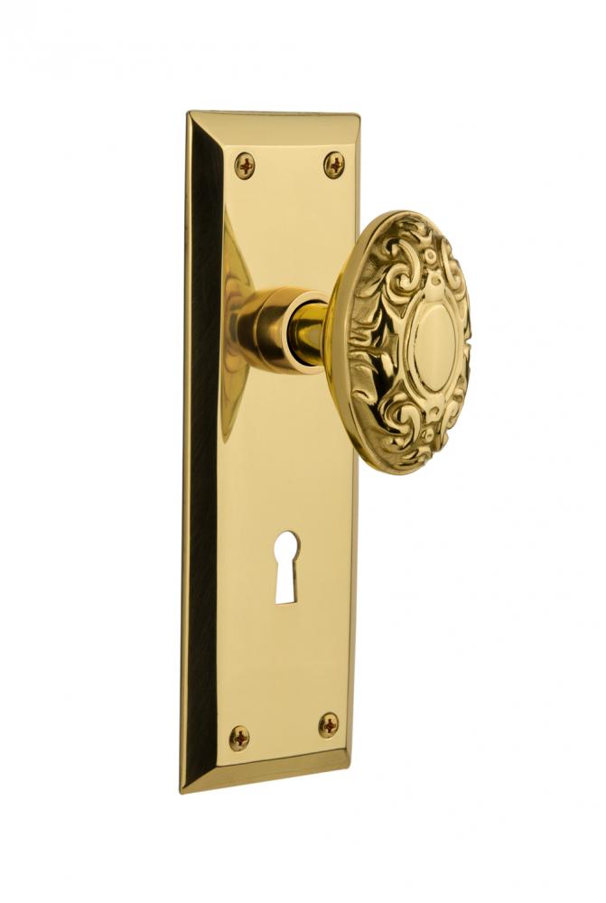 Nostalgic Warehouse New York Plate with Keyhole Privacy Victorian Door Knob in Polished Brass