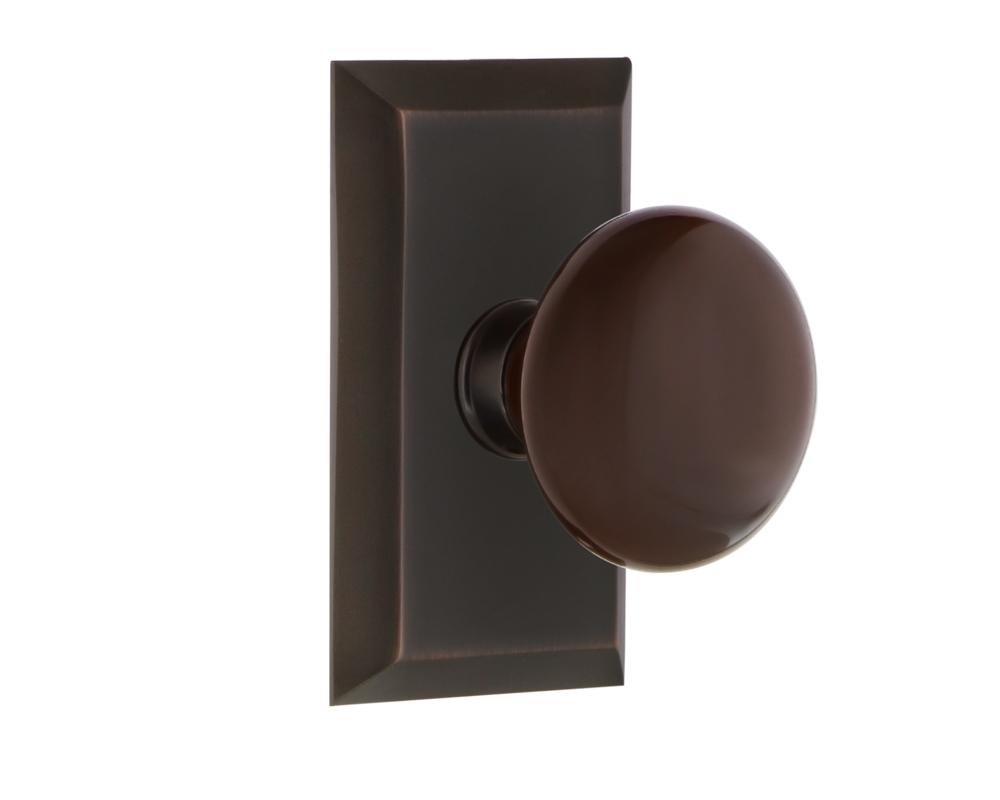 Nostalgic Warehouse Studio Plate Privacy Brown Porcelain Door Knob in Timeless Bronze