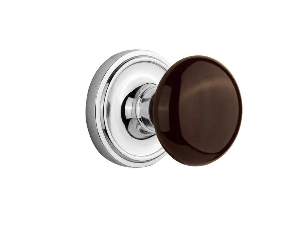 Nostalgic Warehouse Classic Rosette Passage Brown Porcelain Door Knob in Bright Chrome