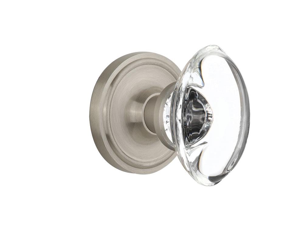 Nostalgic Warehouse Classic Rosette Passage Oval Clear Crystal Glass Door Knob in Satin Nickel